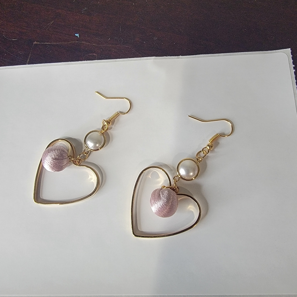 Gold Heart Earrings with Pearl and Pink Accents - Picture 3 of 6